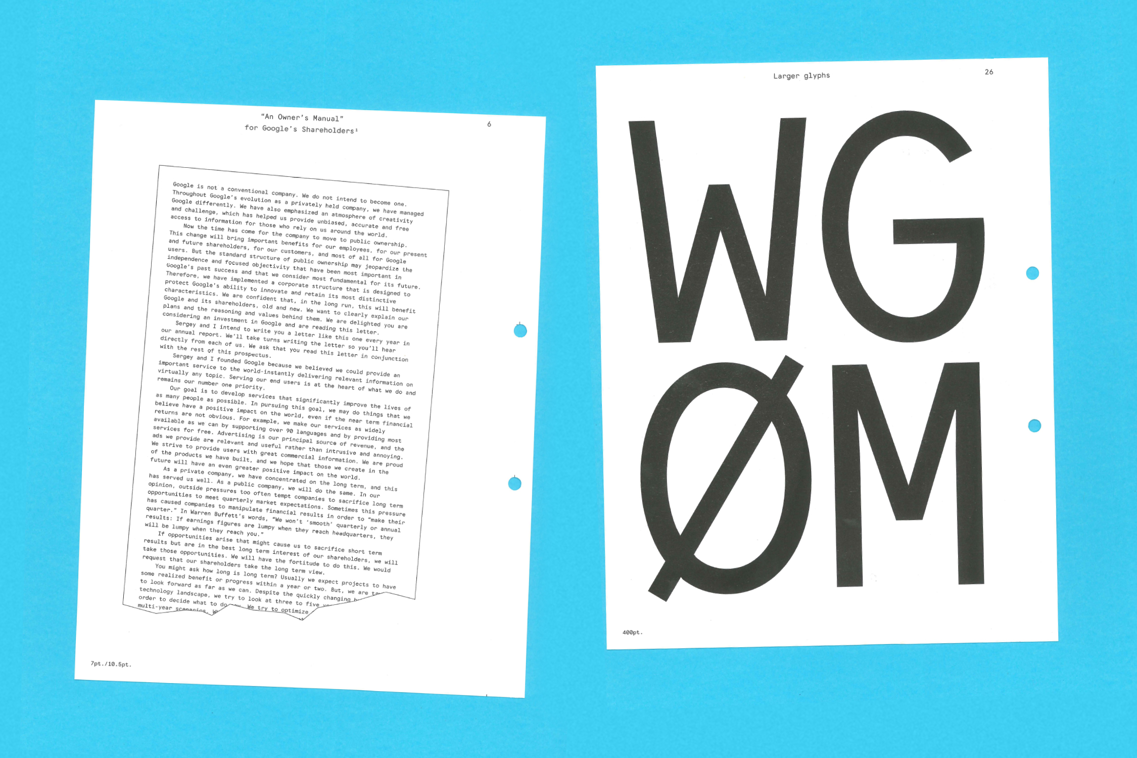Gabe Ferreira: Googolplex Mono Specimen — Founders’ letter and more large glyphs.